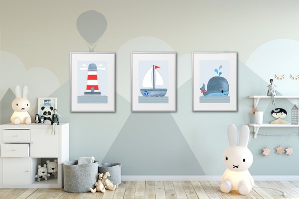 Kinderzimmer Bilder Set deko maritim Kinderzimmer Deko Junge Kinderzimmerbilder Wal Boot Leuchtturm