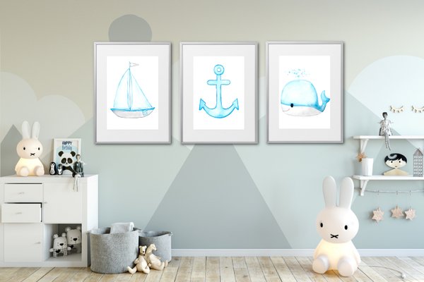 Bilder maritim Kinderzimmer Babyzimmer Deko Junge Kinderzimmerbilder Wal Anker Segelboot