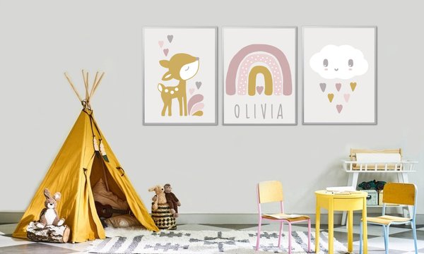 Kinderzimmer Deko Mädchen | Kinderzimmer Bilder Regenbogen rosa | Baby Geschenk personalisiert