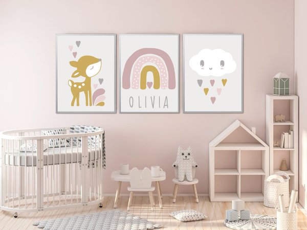 Kinderzimmer Deko Mädchen | Kinderzimmer Bilder Regenbogen rosa | Baby Geschenk personalisiert